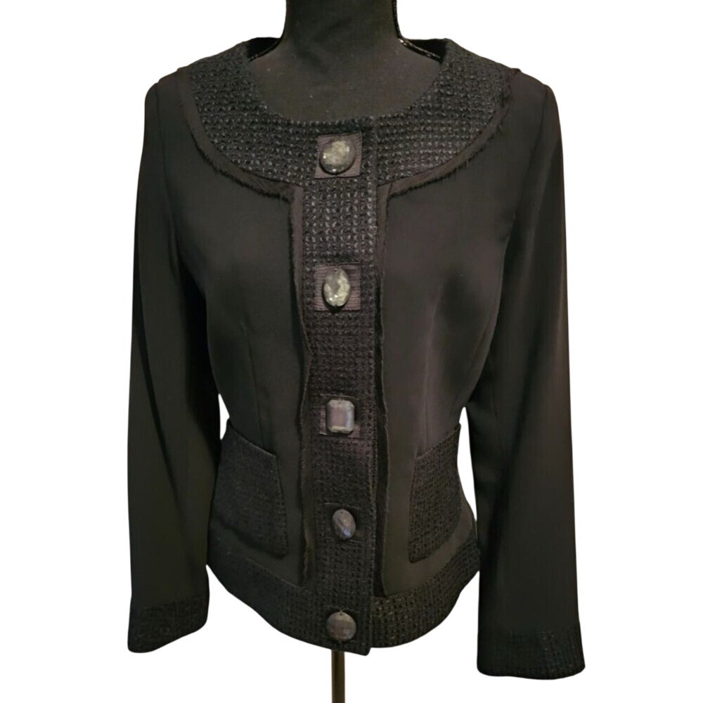 W & B Black Silk Blend Tweed Trim Jewel Button Blazer‎ Jacket Size 2